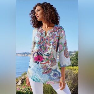 Soft Surroundings V Neck Beaded Tunic Top Blouse Women’s Size Medium Petite